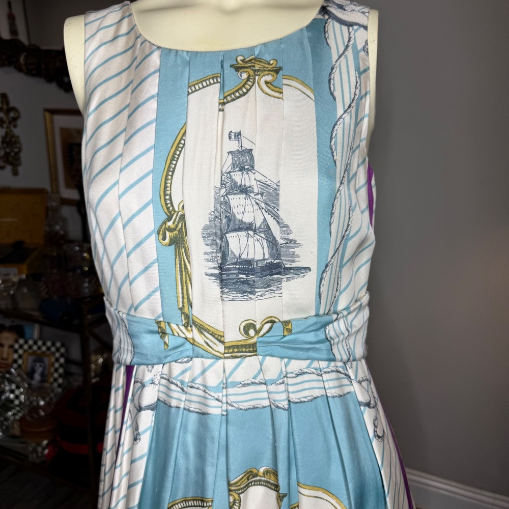 Leifsdottir Nautical Ship 100% Silk Dress Womens Size 4 Blue White Purple - Picture 4 of 10